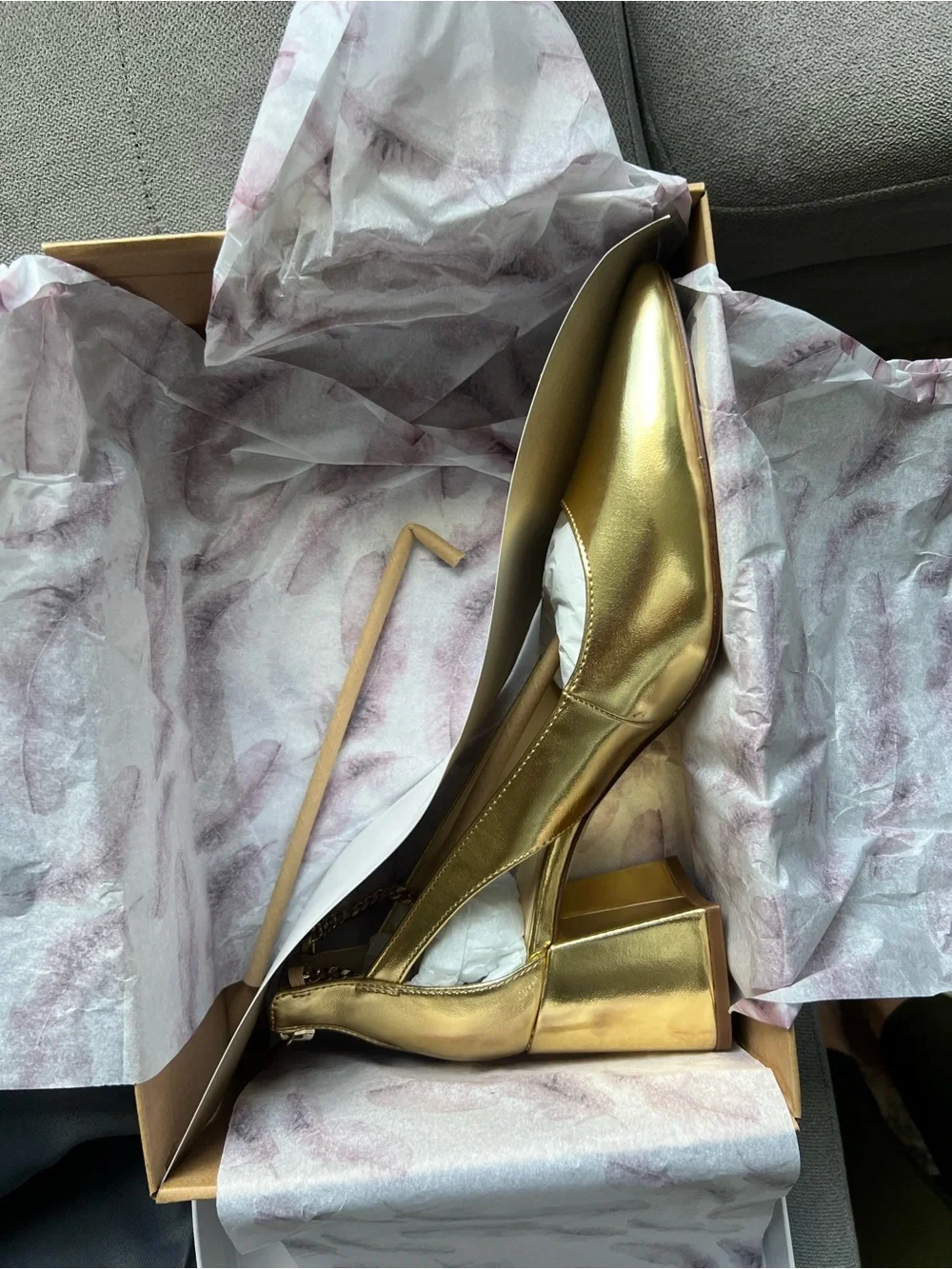 Jessica Simpson Gold Metallic Block Heel Pumps with Chain Ankle Strap